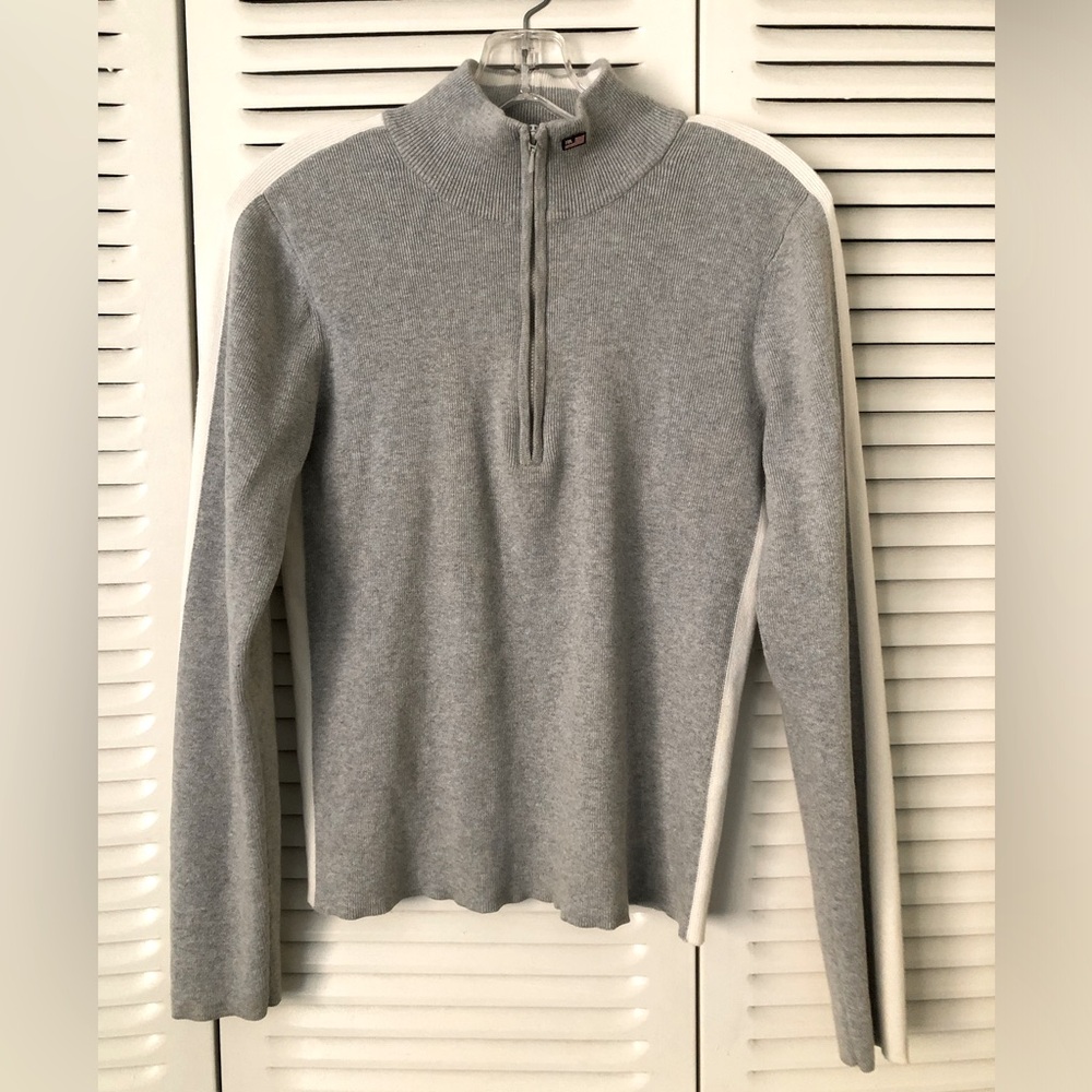 Vintage Ralph Lauren Polo Gray Half-Zip Women's Sweater 100% Cotton White stripe